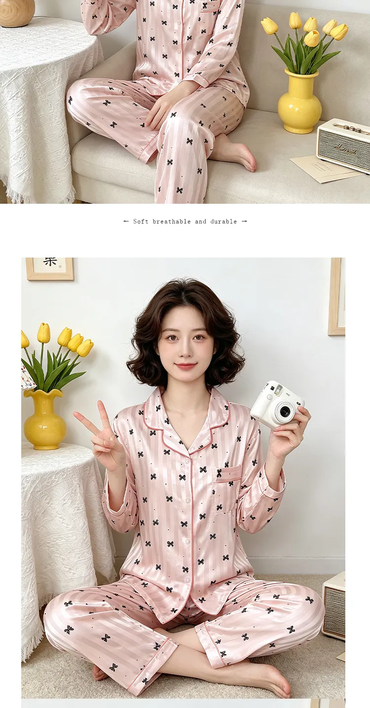 위안싱 23153 인스풍 고급스러운 심플 스타일 스트라이프 자카드 긴팔 홈웨어 인조 실크 파자마 세트 · 도매 · OEM · 전 세계 배송 - Detail 7
