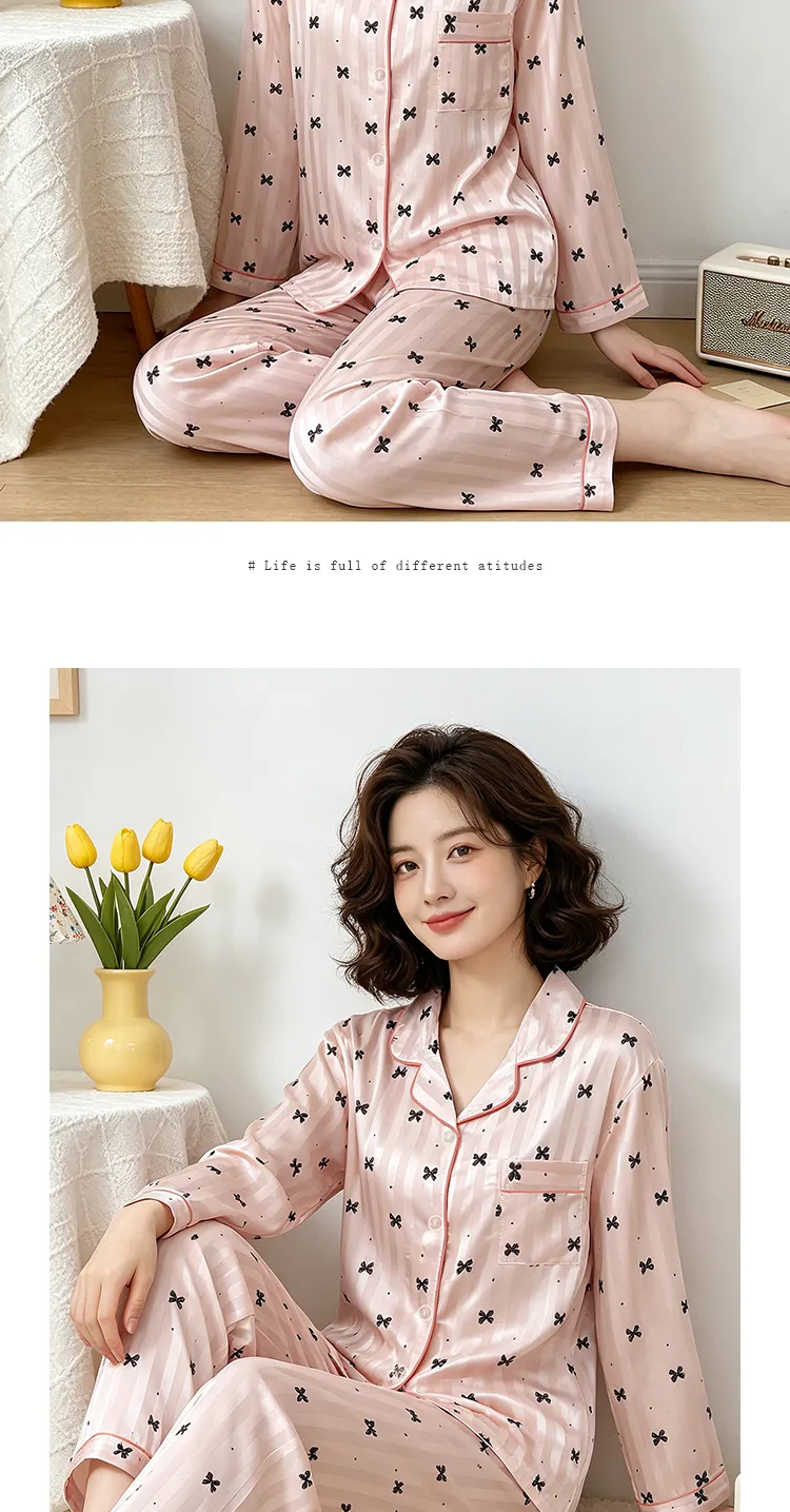 위안싱 23153 인스풍 고급스러운 심플 스타일 스트라이프 자카드 긴팔 홈웨어 인조 실크 파자마 세트 · 도매 · OEM · 전 세계 배송 - Detail 9