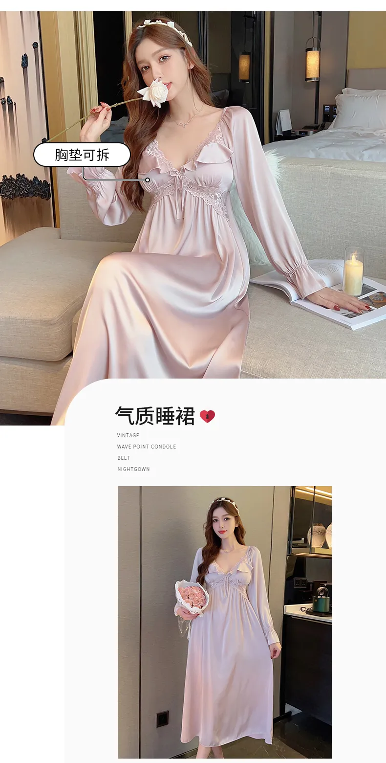 正規品ロング丈110CM 秋 カップ付きナイティ レディース長袖レース縁Vネックアイスシルクパジャマナイティ · 卸売 · OEM · 世界へ発送 - Detail 7