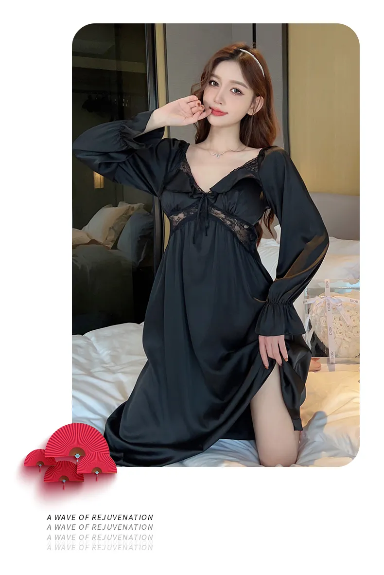 正規品ロング丈110CM 秋 カップ付きナイティ レディース長袖レース縁Vネックアイスシルクパジャマナイティ · 卸売 · OEM · 世界へ発送 - Detail 15