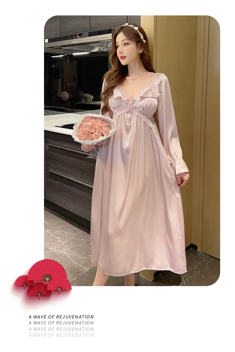 正規品ロング丈110CM 秋 カップ付きナイティ レディース長袖レース縁Vネックアイスシルクパジャマナイティ · 卸売 · OEM · 世界へ発送 - Detail 9