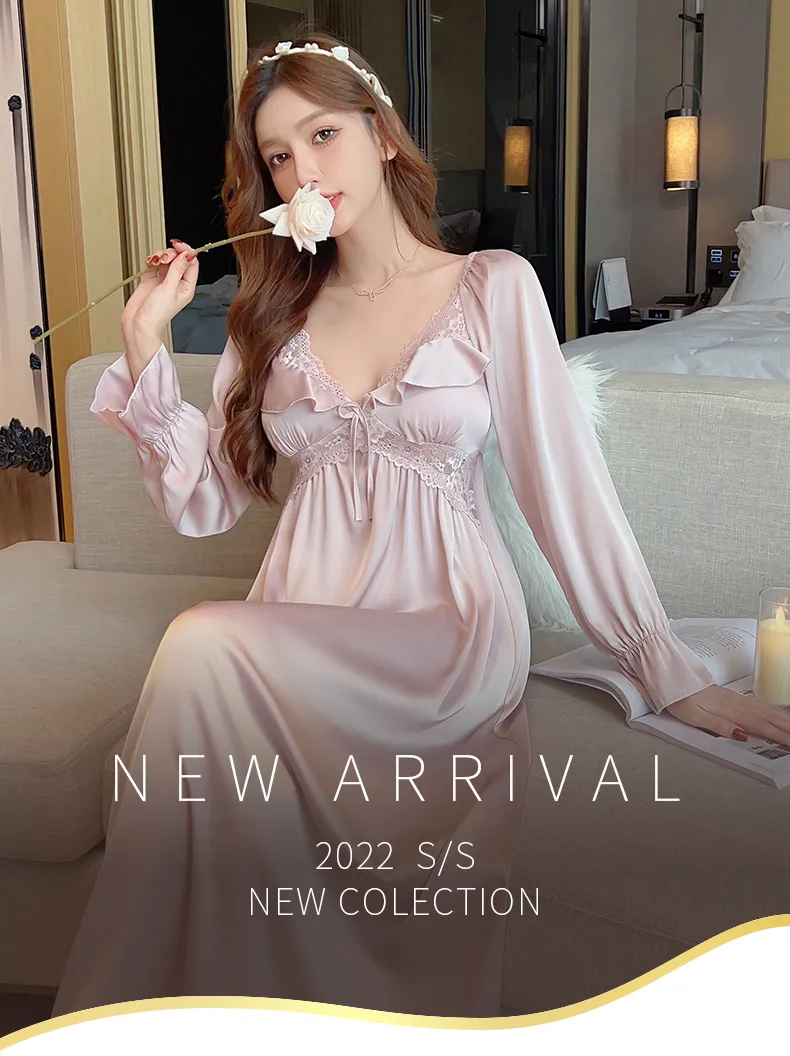 正規品ロング丈110CM 秋 カップ付きナイティ レディース長袖レース縁Vネックアイスシルクパジャマナイティ · 卸売 · OEM · 世界へ発送 - Detail 1