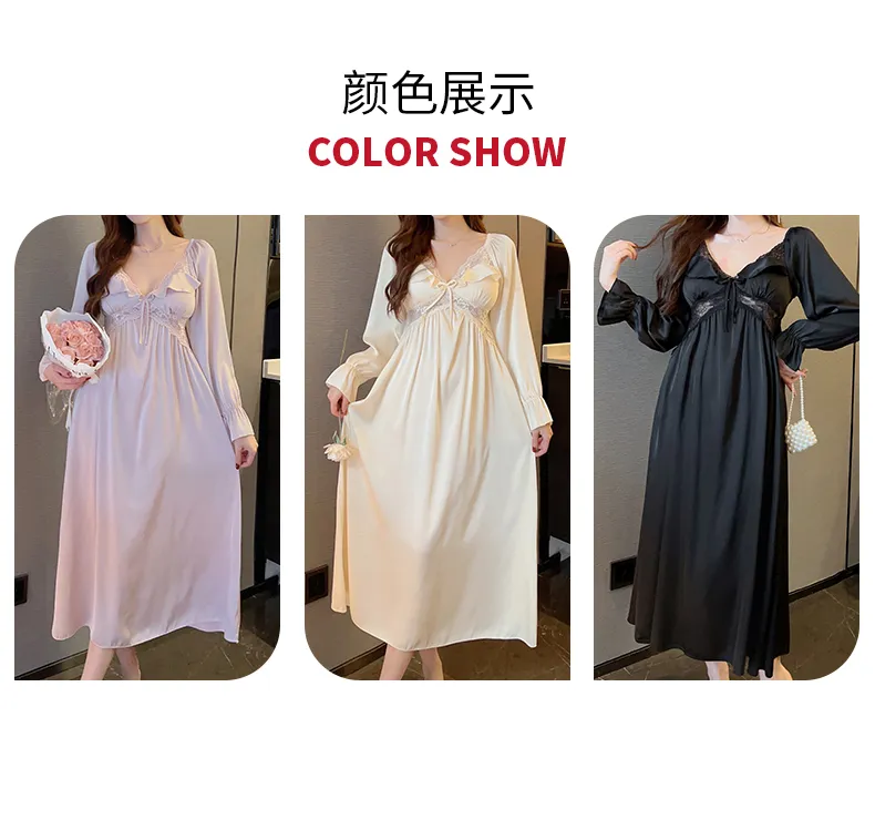 正規品ロング丈110CM 秋 カップ付きナイティ レディース長袖レース縁Vネックアイスシルクパジャマナイティ · 卸売 · OEM · 世界へ発送 - Detail 3