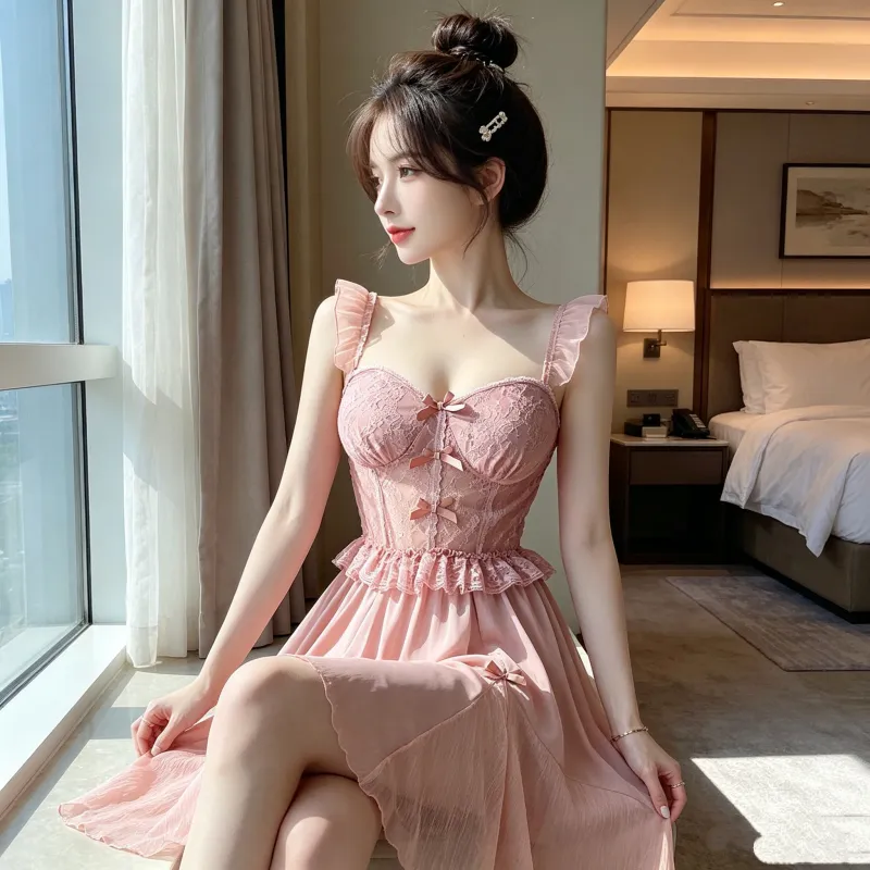 Robe de nuit longue à bretelles avec coussinets intégrés pour femme, bordure en dentelle, soie glacée, taille cintrée, effet amincissant, style féerique · Grossiste · OEM · Mondial