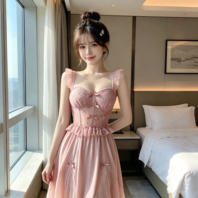 Robe de nuit longue à bretelles avec coussinets intégrés pour femme, bordure en dentelle, soie glacée, taille cintrée, effet amincissant, style féerique · Grossiste · OEM · Mondial - View 1