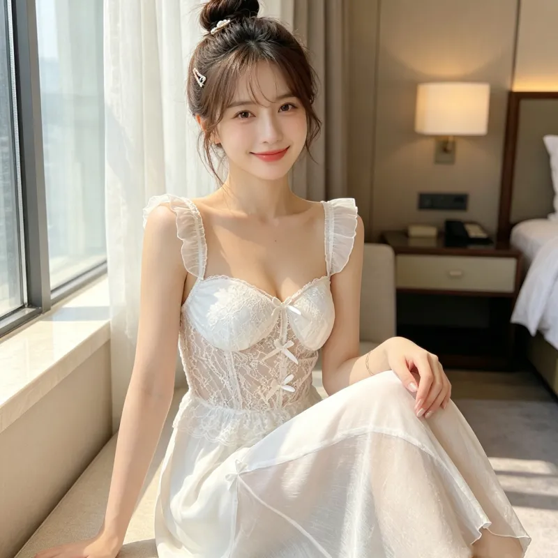Robe de nuit longue à bretelles avec coussinets intégrés pour femme, bordure en dentelle, soie glacée, taille cintrée, effet amincissant, style féerique · Grossiste · OEM · Mondial - View 4