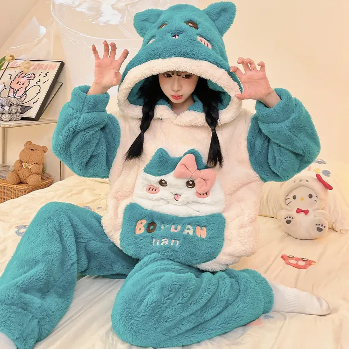2369W# Winter Fleece Pajamas for Women Girls Cute Cartoon Pullover Hooded Loungewear Set 280g · Wholesale · OEM · Worldwide Shipping - Detail 18