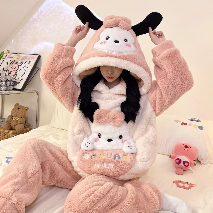 2369W# Winter Fleece Pajamas for Women Girls Cute Cartoon Pullover Hooded Loungewear Set 280g · Wholesale · OEM · Worldwide Shipping - Detail 11