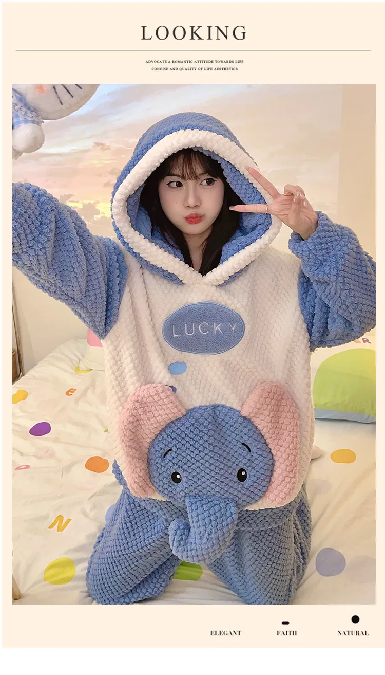 2369W# Winter Fleece Pajamas for Women Girls Cute Cartoon Pullover Hooded Loungewear Set 280g · Wholesale · OEM · Worldwide Shipping - Detail 27