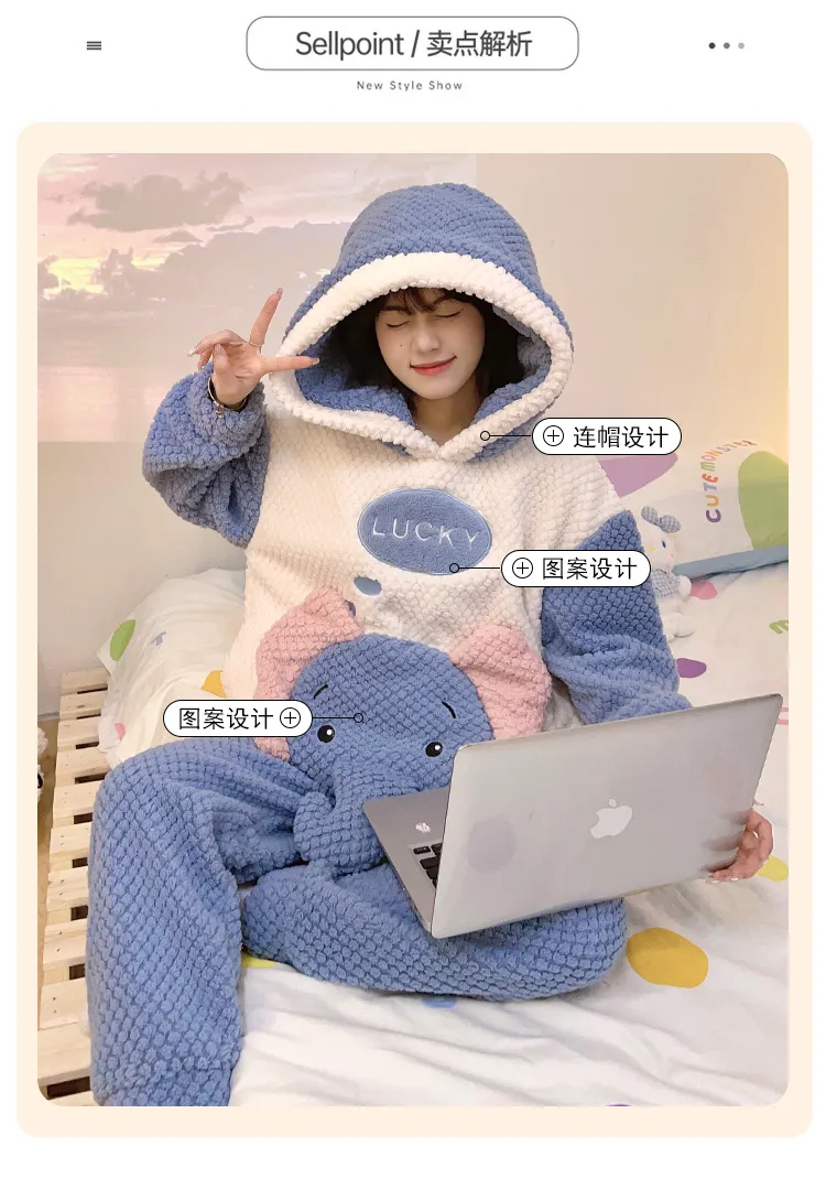 2369W# Winter Fleece Pajamas for Women Girls Cute Cartoon Pullover Hooded Loungewear Set 280g · Wholesale · OEM · Worldwide Shipping - Detail 22