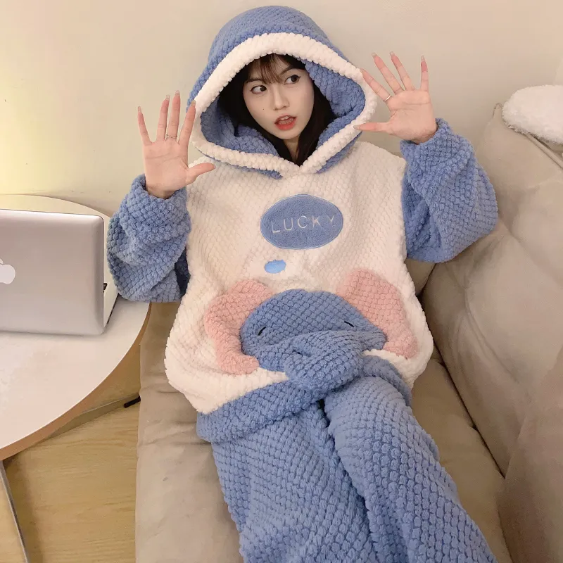 2369W# Winter Fleece Pajamas for Women Girls Cute Cartoon Pullover Hooded Loungewear Set 280g · Wholesale · OEM · Worldwide Shipping - View 3