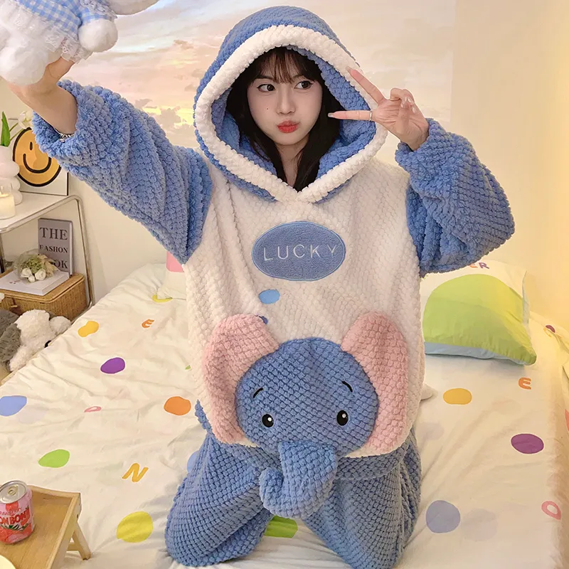 2369W# Winter Fleece Pajamas for Women Girls Cute Cartoon Pullover Hooded Loungewear Set 280g · Wholesale · OEM · Worldwide Shipping - View 4