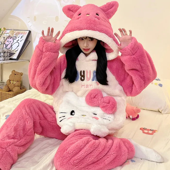 2369W# Winter Fleece Pajamas for Women Girls Cute Cartoon Pullover Hooded Loungewear Set 280g · Wholesale · OEM · Worldwide Shipping - Detail 13