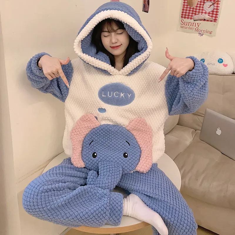 2369W# Winter Fleece Pajamas for Women Girls Cute Cartoon Pullover Hooded Loungewear Set 280g · Wholesale · OEM · Worldwide Shipping - View 1