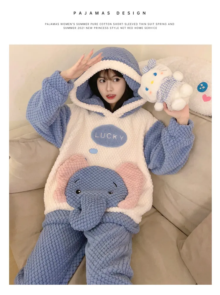 2369W# Winter Fleece Pajamas for Women Girls Cute Cartoon Pullover Hooded Loungewear Set 280g · Wholesale · OEM · Worldwide Shipping - Detail 24