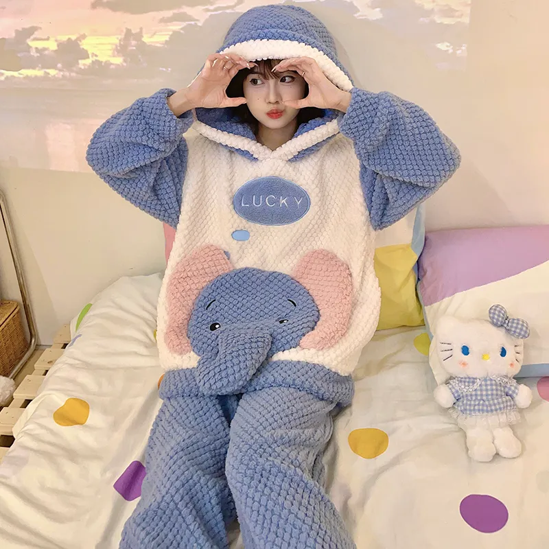 2369W# Winter Fleece Pajamas for Women Girls Cute Cartoon Pullover Hooded Loungewear Set 280g · Wholesale · OEM · Worldwide Shipping - View 2