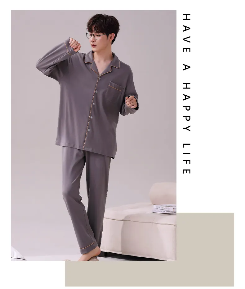 Long-Sleeve Pure Cotton Pajamas Thin Men's Set Homewear All-Cotton Young Men Autumn Pure Cotton Casual Cardigan Spring Autumn Live Streaming · Wholesale · OEM · Worldwide Shipping - Detail 7