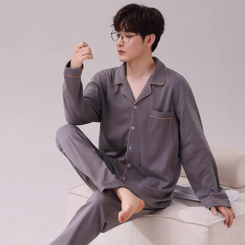 Long-Sleeve Pure Cotton Pajamas Thin Men's Set Homewear All-Cotton Young Men Autumn Pure Cotton Casual Cardigan Spring Autumn Live Streaming · Wholesale · OEM · Worldwide Shipping