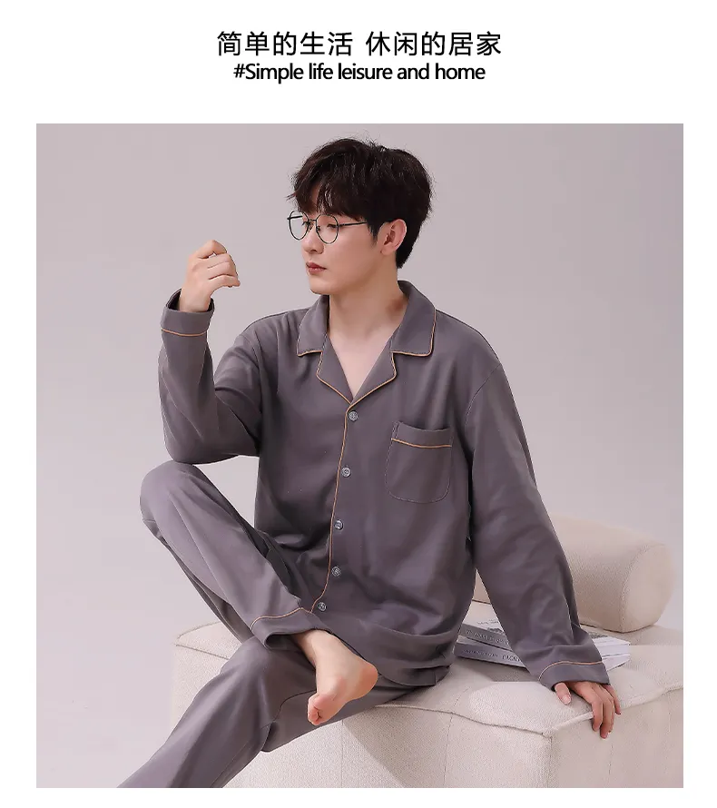 Long-Sleeve Pure Cotton Pajamas Thin Men's Set Homewear All-Cotton Young Men Autumn Pure Cotton Casual Cardigan Spring Autumn Live Streaming · Wholesale · OEM · Worldwide Shipping - Detail 8