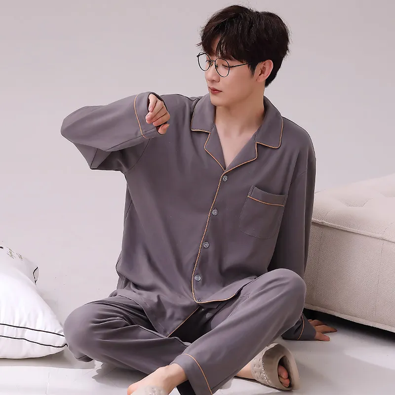 Long-Sleeve Pure Cotton Pajamas Thin Men's Set Homewear All-Cotton Young Men Autumn Pure Cotton Casual Cardigan Spring Autumn Live Streaming · Wholesale · OEM · Worldwide Shipping - View 4