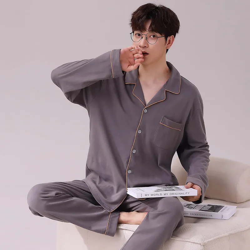 Long-Sleeve Pure Cotton Pajamas Thin Men's Set Homewear All-Cotton Young Men Autumn Pure Cotton Casual Cardigan Spring Autumn Live Streaming · Wholesale · OEM · Worldwide Shipping - View 3