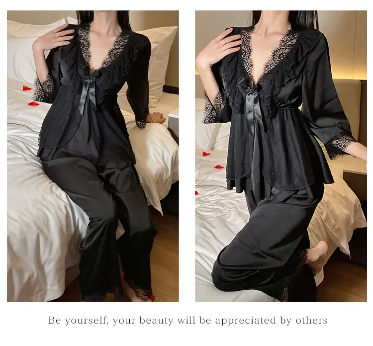 Piyama Seksi Ice Silk Musim Semi Musim Gugur Wanita Lengan Tujuh Per Tiga Celana Panjang Set Renda Gaya Putri Rasa Mewah dengan Bantalan Dada Pakaian Rumah · Grosir · OEM · Pengiriman Global - Detail 7