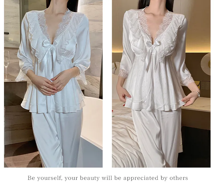 Piyama Seksi Ice Silk Musim Semi Musim Gugur Wanita Lengan Tujuh Per Tiga Celana Panjang Set Renda Gaya Putri Rasa Mewah dengan Bantalan Dada Pakaian Rumah · Grosir · OEM · Pengiriman Global - Detail 15