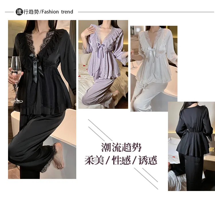 Piyama Seksi Ice Silk Musim Semi Musim Gugur Wanita Lengan Tujuh Per Tiga Celana Panjang Set Renda Gaya Putri Rasa Mewah dengan Bantalan Dada Pakaian Rumah · Grosir · OEM · Pengiriman Global - Detail 2