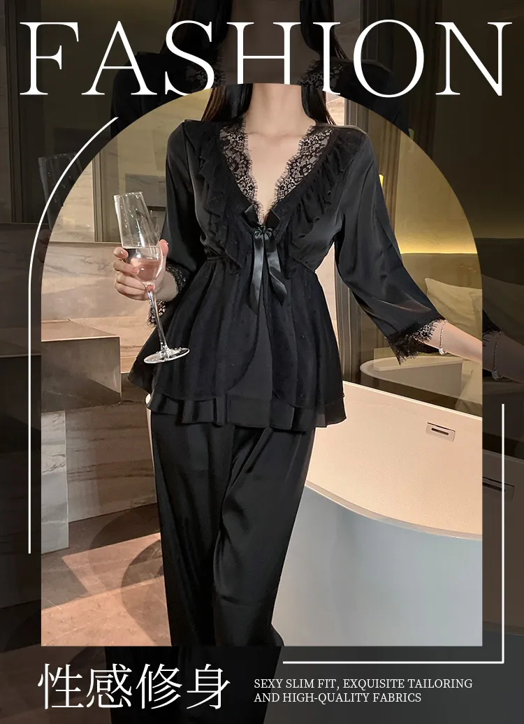 Piyama Seksi Ice Silk Musim Semi Musim Gugur Wanita Lengan Tujuh Per Tiga Celana Panjang Set Renda Gaya Putri Rasa Mewah dengan Bantalan Dada Pakaian Rumah · Grosir · OEM · Pengiriman Global - Detail 1