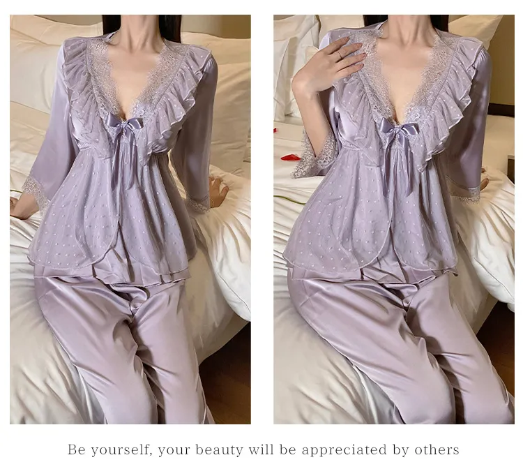 Piyama Seksi Ice Silk Musim Semi Musim Gugur Wanita Lengan Tujuh Per Tiga Celana Panjang Set Renda Gaya Putri Rasa Mewah dengan Bantalan Dada Pakaian Rumah · Grosir · OEM · Pengiriman Global - Detail 11