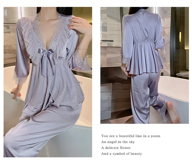 Piyama Seksi Ice Silk Musim Semi Musim Gugur Wanita Lengan Tujuh Per Tiga Celana Panjang Set Renda Gaya Putri Rasa Mewah dengan Bantalan Dada Pakaian Rumah · Grosir · OEM · Pengiriman Global - Detail 13