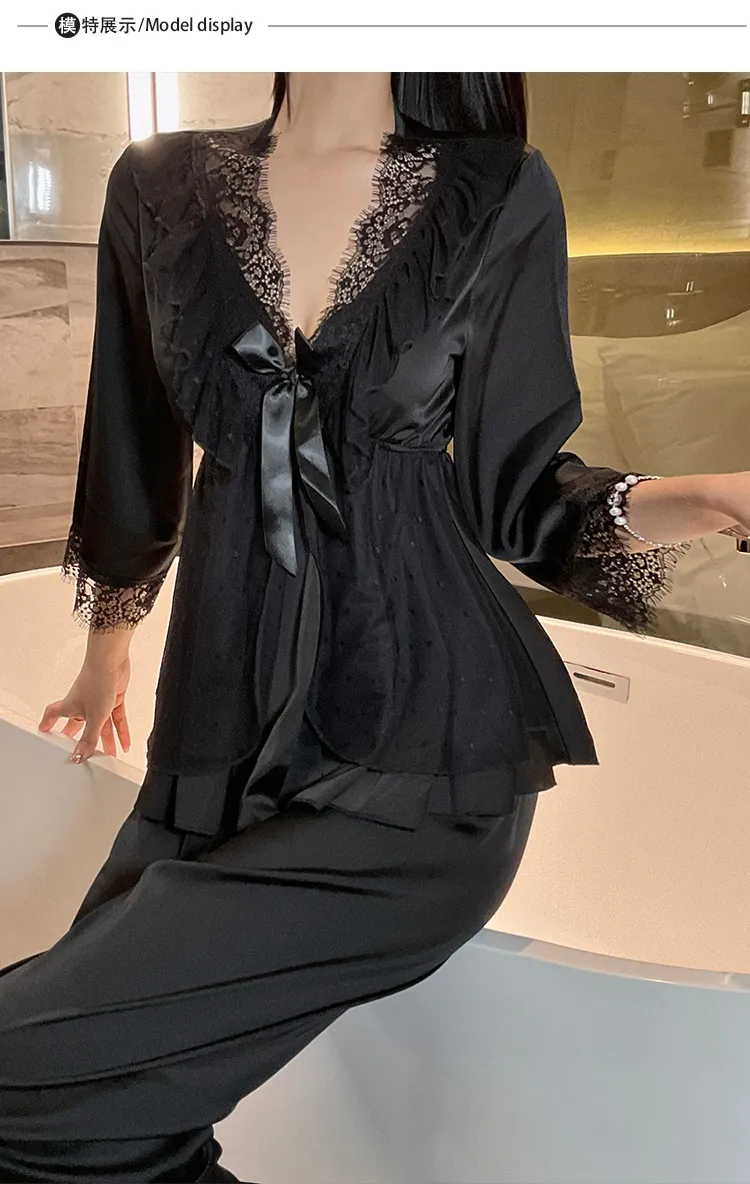 Piyama Seksi Ice Silk Musim Semi Musim Gugur Wanita Lengan Tujuh Per Tiga Celana Panjang Set Renda Gaya Putri Rasa Mewah dengan Bantalan Dada Pakaian Rumah · Grosir · OEM · Pengiriman Global - Detail 6
