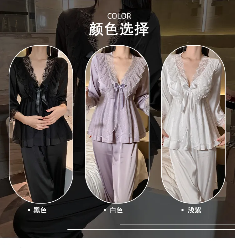 Piyama Seksi Ice Silk Musim Semi Musim Gugur Wanita Lengan Tujuh Per Tiga Celana Panjang Set Renda Gaya Putri Rasa Mewah dengan Bantalan Dada Pakaian Rumah · Grosir · OEM · Pengiriman Global - Detail 5