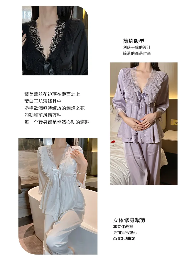 Piyama Seksi Ice Silk Musim Semi Musim Gugur Wanita Lengan Tujuh Per Tiga Celana Panjang Set Renda Gaya Putri Rasa Mewah dengan Bantalan Dada Pakaian Rumah · Grosir · OEM · Pengiriman Global - Detail 4