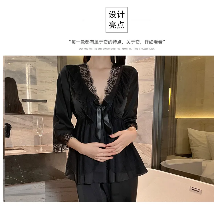 Piyama Seksi Ice Silk Musim Semi Musim Gugur Wanita Lengan Tujuh Per Tiga Celana Panjang Set Renda Gaya Putri Rasa Mewah dengan Bantalan Dada Pakaian Rumah · Grosir · OEM · Pengiriman Global - Detail 3