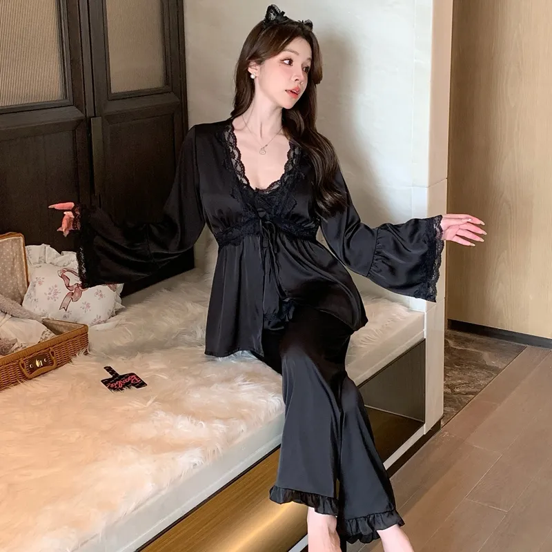 Ensemble de pyjama sexy en soie glacée pour printemps/automne, avec bretelles, pantalon long et cardigan, 3 pièces, dentelle avec bonnets intégrés, vêtement de maison léger et luxueux · Grossiste · OEM · Mondial - Detail 24