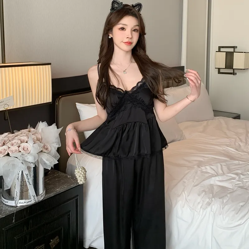 Ensemble de pyjama sexy en soie glacée pour printemps/automne, avec bretelles, pantalon long et cardigan, 3 pièces, dentelle avec bonnets intégrés, vêtement de maison léger et luxueux · Grossiste · OEM · Mondial - Detail 18
