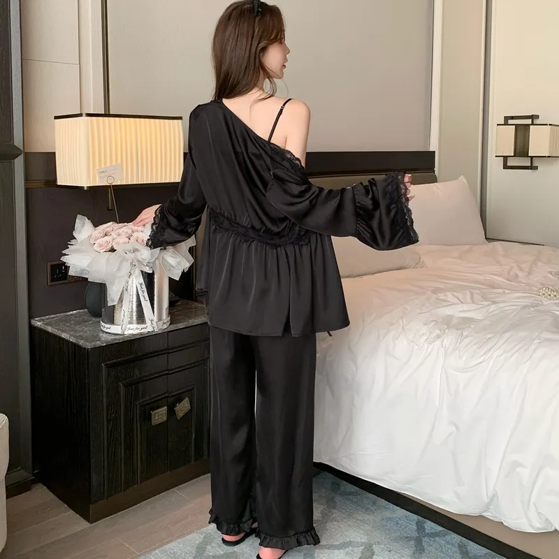Ensemble de pyjama sexy en soie glacée pour printemps/automne, avec bretelles, pantalon long et cardigan, 3 pièces, dentelle avec bonnets intégrés, vêtement de maison léger et luxueux · Grossiste · OEM · Mondial - Detail 20