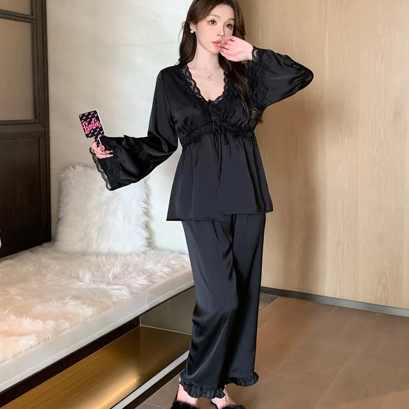 Ensemble de pyjama sexy en soie glacée pour printemps/automne, avec bretelles, pantalon long et cardigan, 3 pièces, dentelle avec bonnets intégrés, vêtement de maison léger et luxueux · Grossiste · OEM · Mondial - Detail 23
