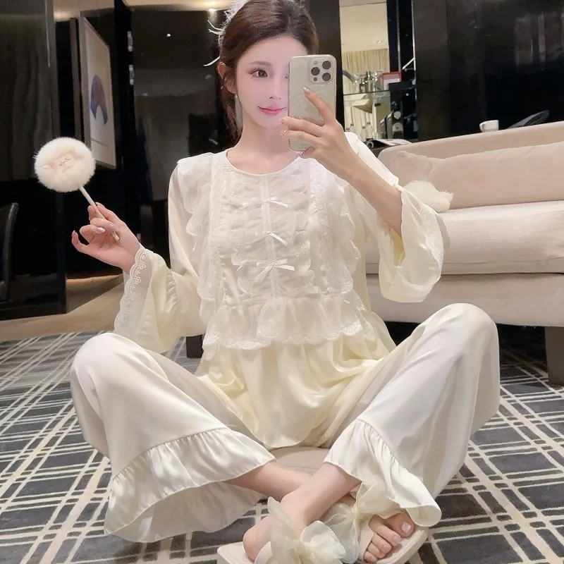Ensemble pyjama femme printemps-automne en soie glacée, manches longues et pantalon long, dentelle, style princesse de cour, luxe léger, sentiment haut de gamme, vêtement d'intérieur · Grossiste · OEM · Mondial - Detail 20