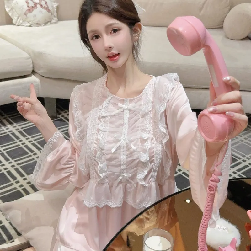 Ensemble pyjama femme printemps-automne en soie glacée, manches longues et pantalon long, dentelle, style princesse de cour, luxe léger, sentiment haut de gamme, vêtement d'intérieur · Grossiste · OEM · Mondial - Detail 30