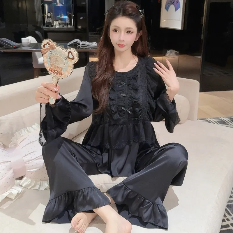 Ensemble pyjama femme printemps-automne en soie glacée, manches longues et pantalon long, dentelle, style princesse de cour, luxe léger, sentiment haut de gamme, vêtement d'intérieur · Grossiste · OEM · Mondial - Detail 6