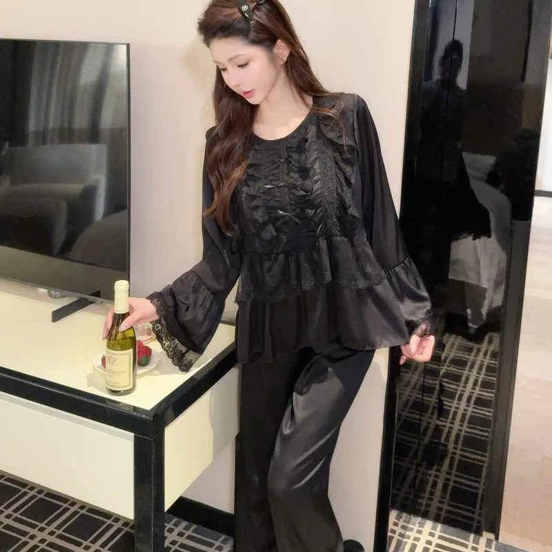 Ensemble pyjama femme printemps-automne en soie glacée, manches longues et pantalon long, dentelle, style princesse de cour, luxe léger, sentiment haut de gamme, vêtement d'intérieur · Grossiste · OEM · Mondial - Detail 8