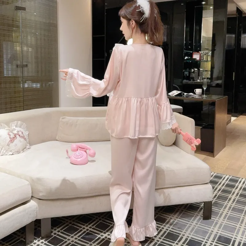 Ensemble pyjama femme printemps-automne en soie glacée, manches longues et pantalon long, dentelle, style princesse de cour, luxe léger, sentiment haut de gamme, vêtement d'intérieur · Grossiste · OEM · Mondial - Detail 23