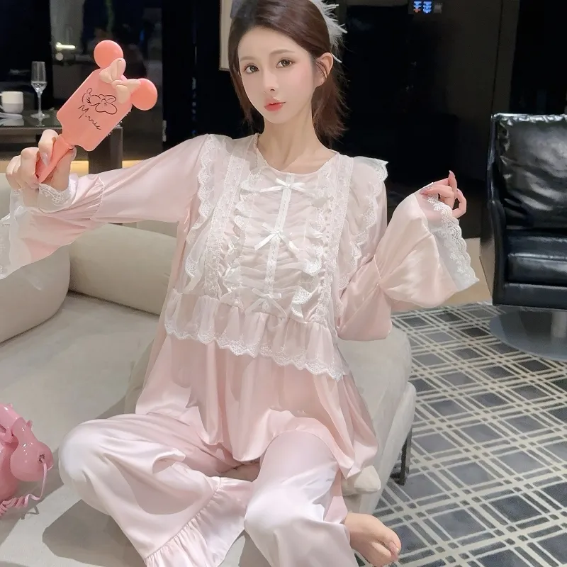 Ensemble pyjama femme printemps-automne en soie glacée, manches longues et pantalon long, dentelle, style princesse de cour, luxe léger, sentiment haut de gamme, vêtement d'intérieur · Grossiste · OEM · Mondial - Detail 25