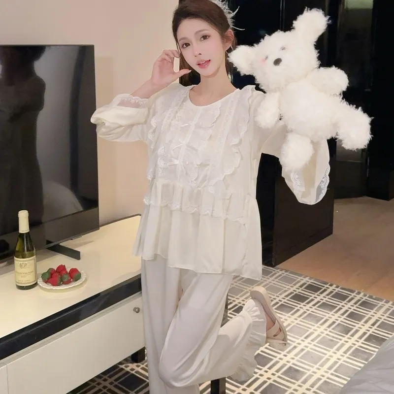 Ensemble pyjama femme printemps-automne en soie glacée, manches longues et pantalon long, dentelle, style princesse de cour, luxe léger, sentiment haut de gamme, vêtement d'intérieur · Grossiste · OEM · Mondial - Detail 11