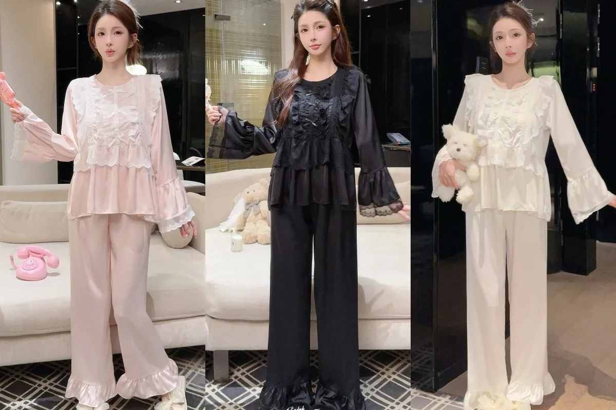 Ensemble pyjama femme printemps-automne en soie glacée, manches longues et pantalon long, dentelle, style princesse de cour, luxe léger, sentiment haut de gamme, vêtement d'intérieur · Grossiste · OEM · Mondial - Detail 1