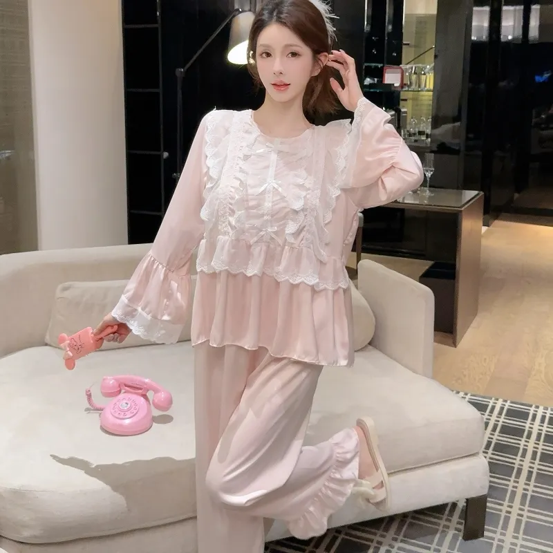 Ensemble pyjama femme printemps-automne en soie glacée, manches longues et pantalon long, dentelle, style princesse de cour, luxe léger, sentiment haut de gamme, vêtement d'intérieur · Grossiste · OEM · Mondial - Detail 22
