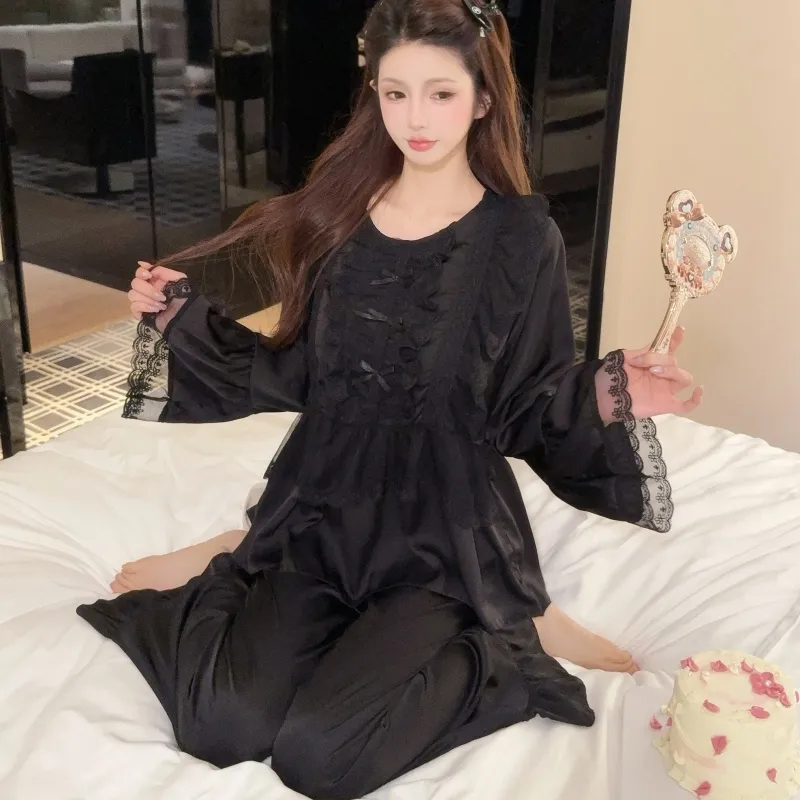 Ensemble pyjama femme printemps-automne en soie glacée, manches longues et pantalon long, dentelle, style princesse de cour, luxe léger, sentiment haut de gamme, vêtement d'intérieur · Grossiste · OEM · Mondial - Detail 9