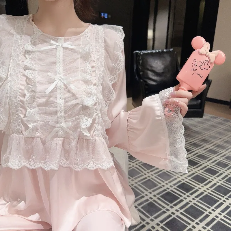 Ensemble pyjama femme printemps-automne en soie glacée, manches longues et pantalon long, dentelle, style princesse de cour, luxe léger, sentiment haut de gamme, vêtement d'intérieur · Grossiste · OEM · Mondial - Detail 24